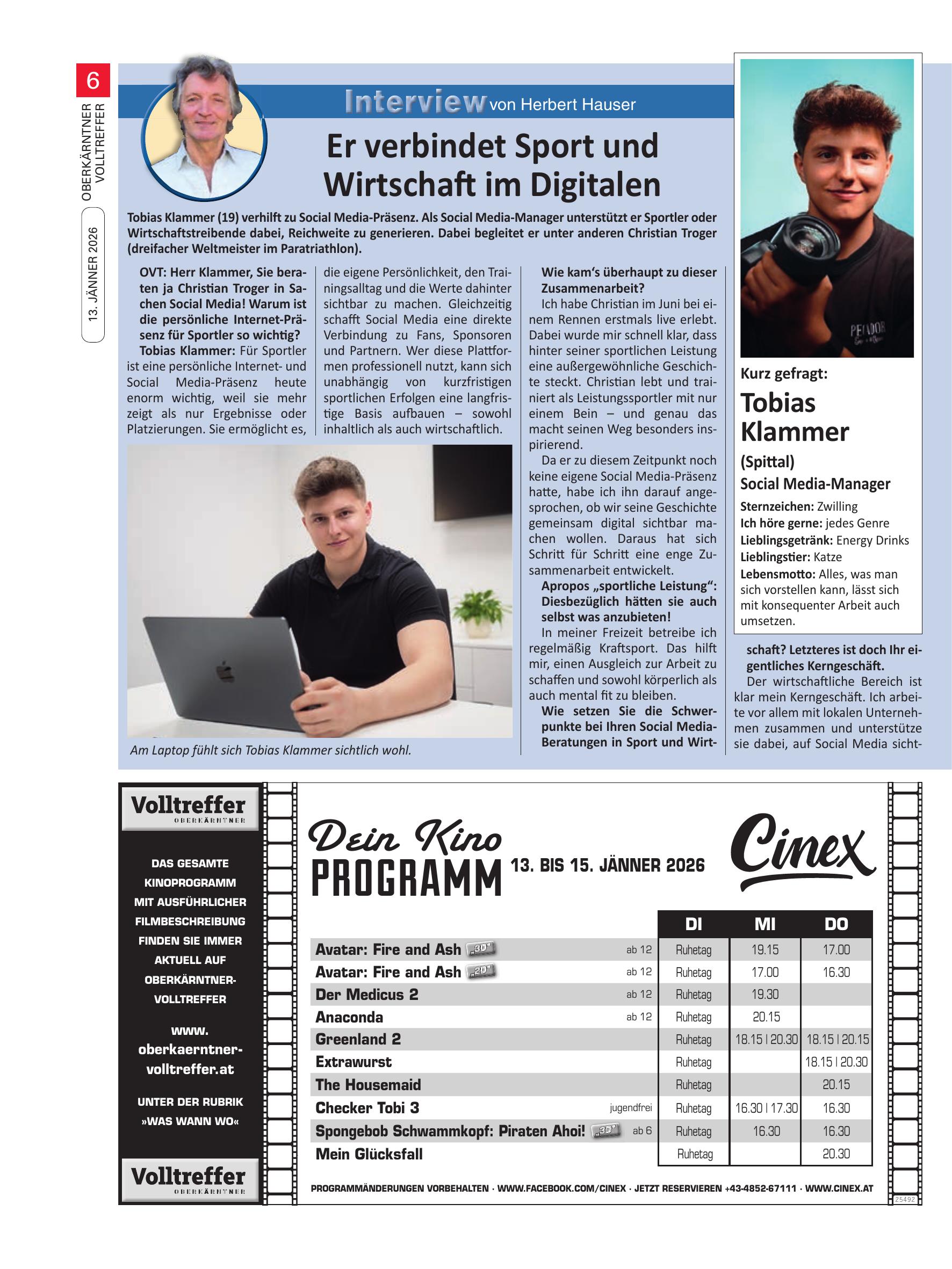 Zeitungsartikel über Tobias Klammer — Oberkärntner Volltreffer